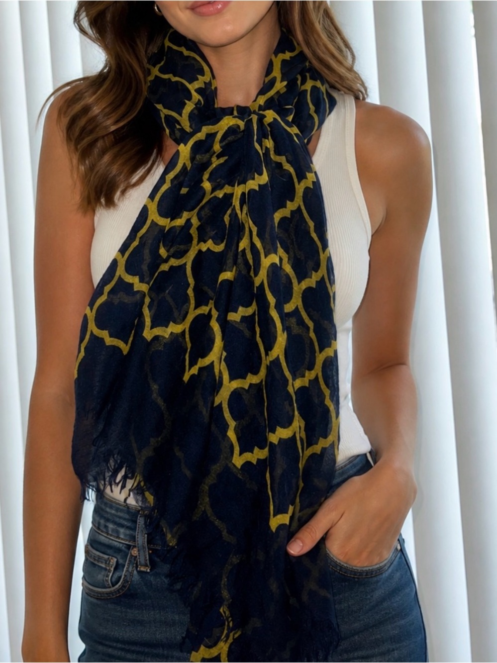 Elegant Navy & Mustard Patterned Scarf - Women's Accessory